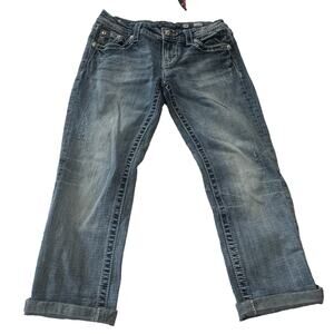 Miss Me Mid Rise Easy Crop Jeans Women's Blue Distressed Embellished Denim 27